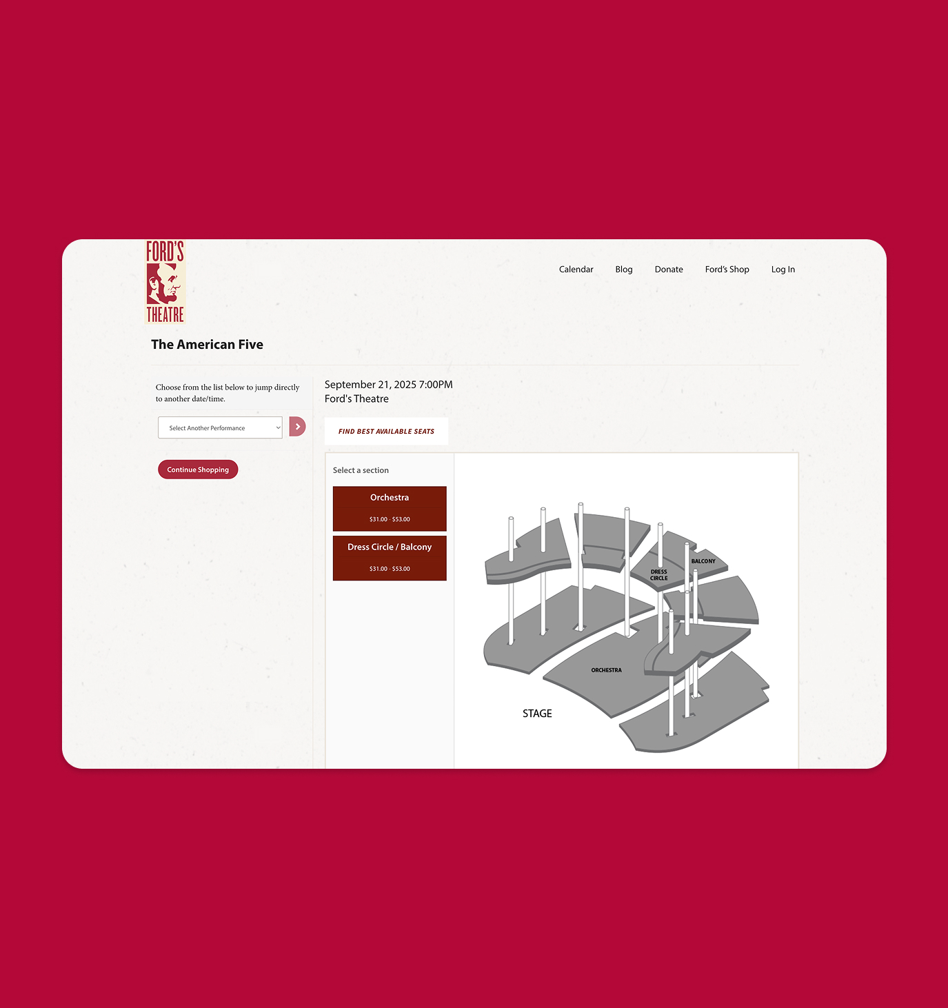 Ford's Theatre seat selection page